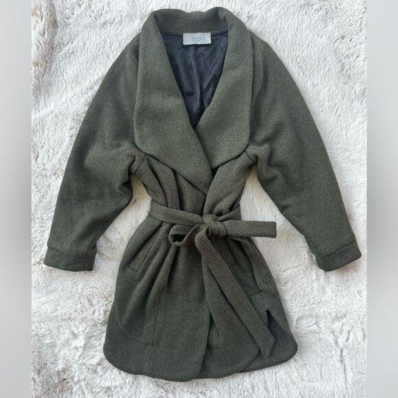 7115 by Szeki Olive Green Wrap Belted Pea Coat Minimalist Jacket - Picture 1 of 9